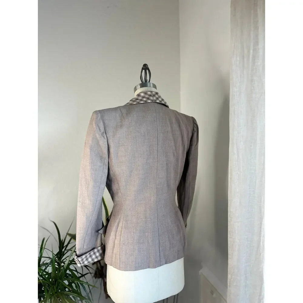 Walther Women's M Blazer Taupe Wool Gingham Collar Retro Button Front Vintage